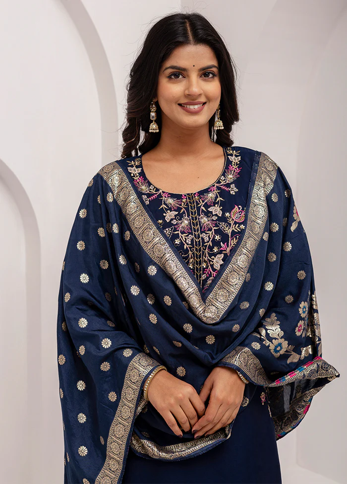 3 Pc Navy Blue Readymade Viscose Dupatta Suit Set - Image 2