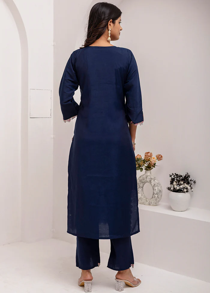 3 Pc Navy Blue Readymade Viscose Dupatta Suit Set - Image 3