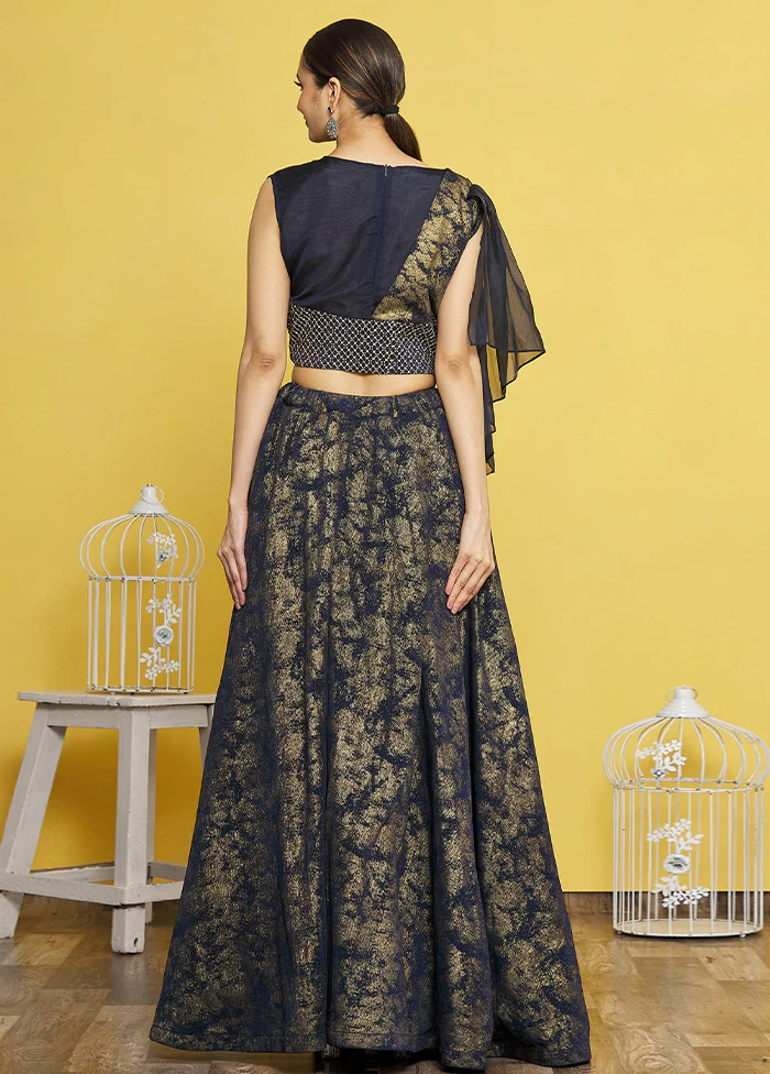 3 Pc Navy Blue Silk Semi Stitched Lehenga Set - Image 2