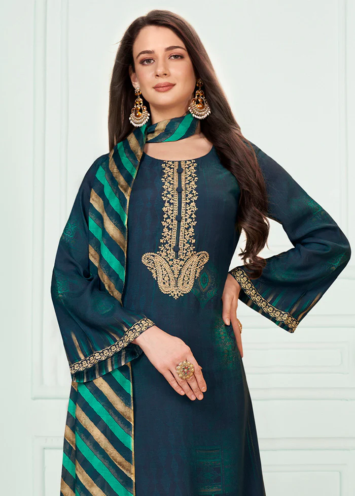 3 Pc Navy Blue Unstitched Silk Suit Set - Image 2