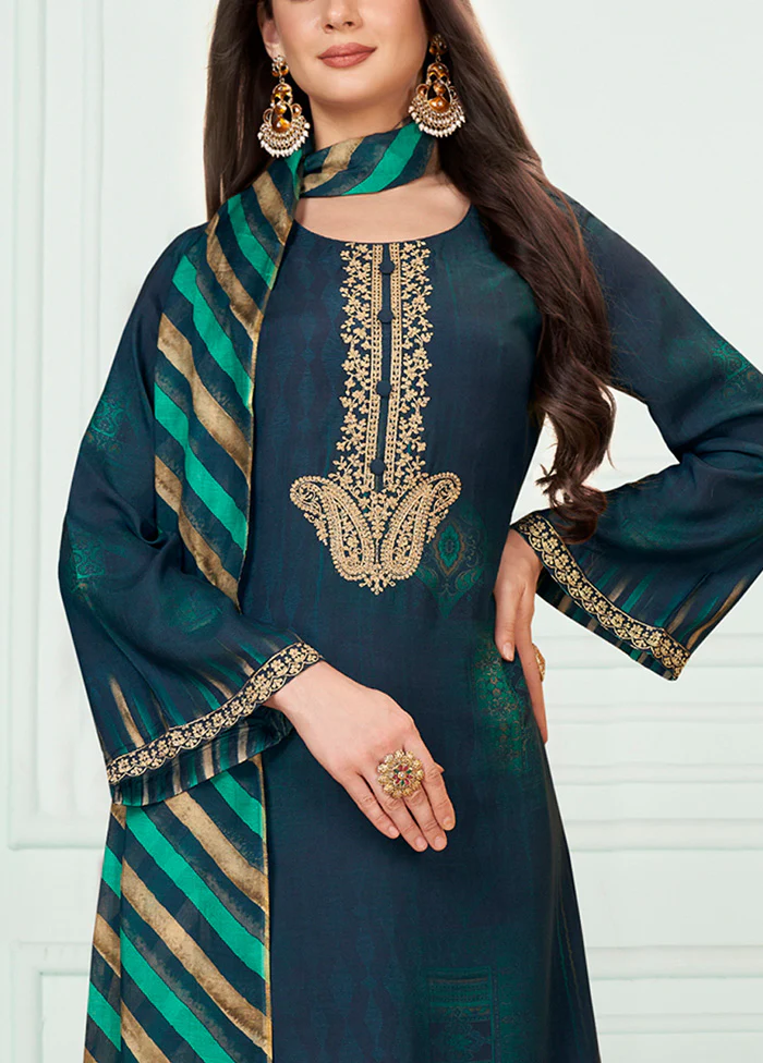 3 Pc Navy Blue Unstitched Silk Suit Set - Image 3