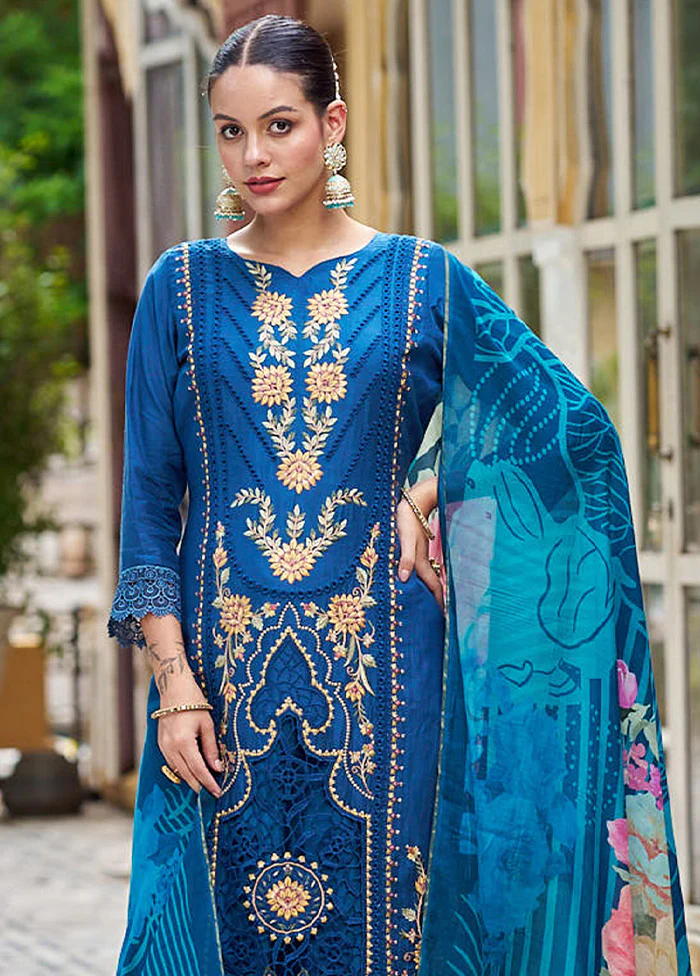3 Pc Navy Blue Unstitched Silk Suit Set - Image 2