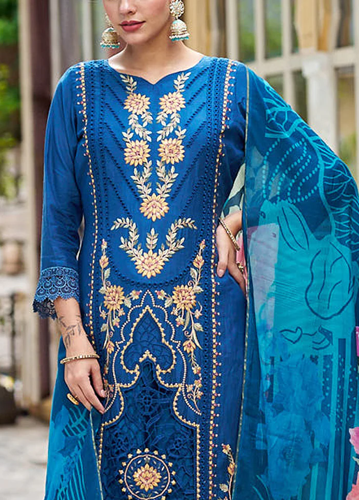 3 Pc Navy Blue Unstitched Silk Suit Set - Image 3