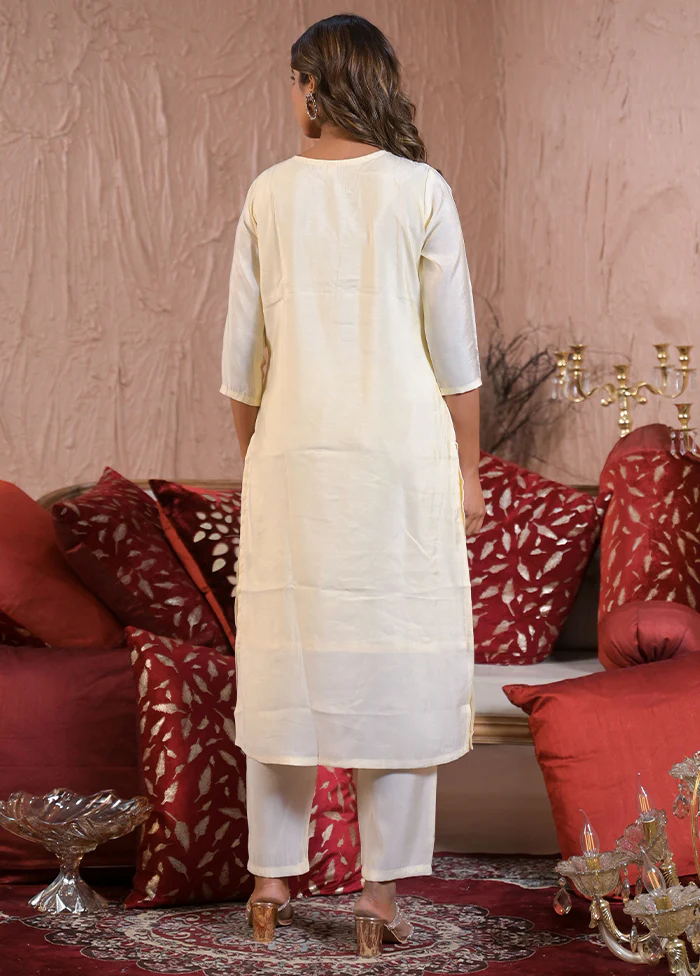 3 Pc Off White Readymade Chanderi Dupatta Suit Set - Image 3
