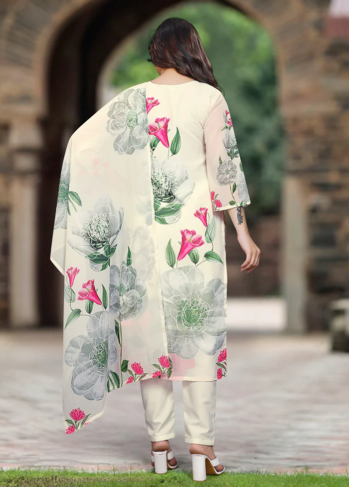 3 Pc Off White Readymade Georgette Dupatta Suit Set - Image 3