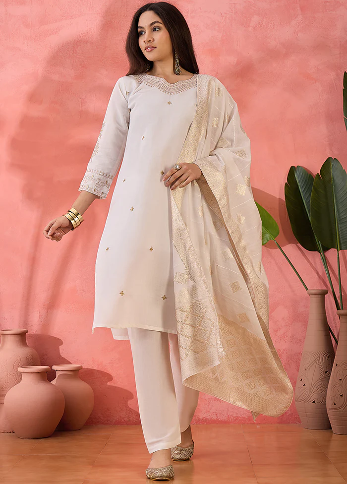 3 Pc Off White Readymade Silk Dupatta Suit Set