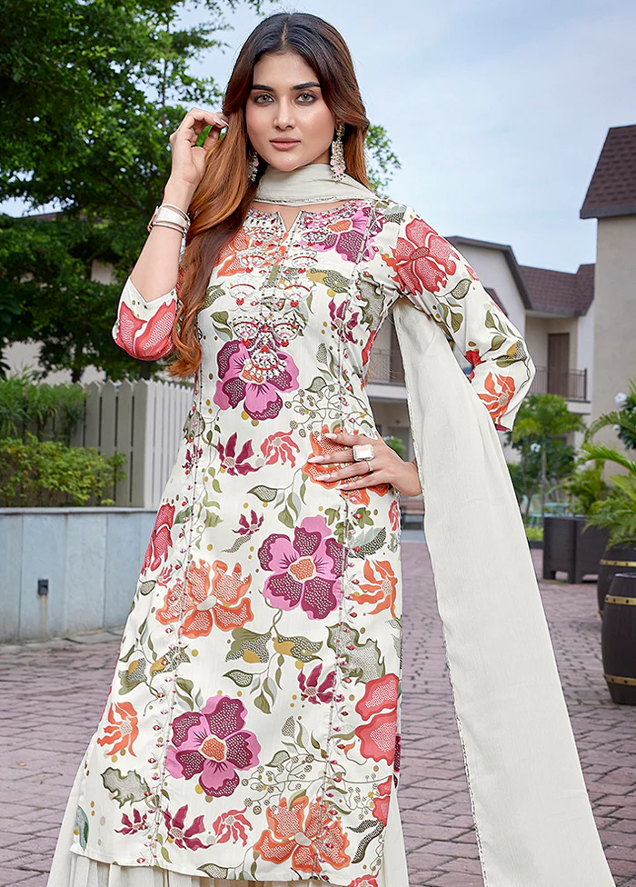 3 Pc Off White Readymade Viscose Dupatta Suit Set - Image 2