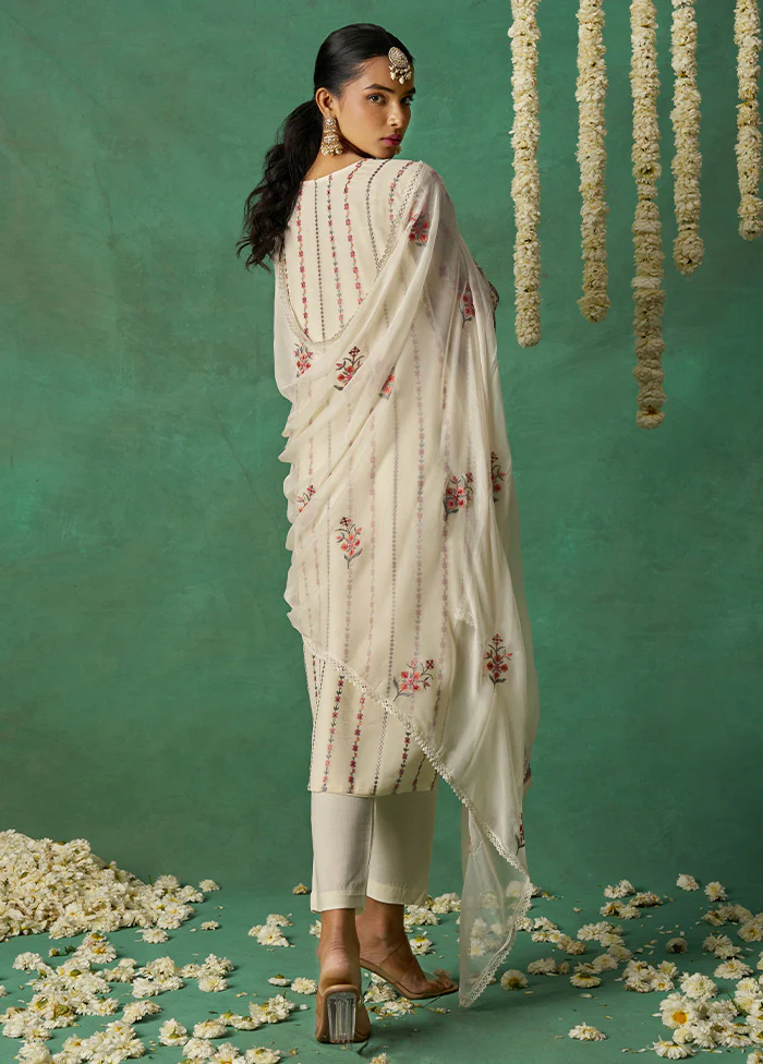 3 Pc Off White Semi Stitched Silk Suit Set - Image 2