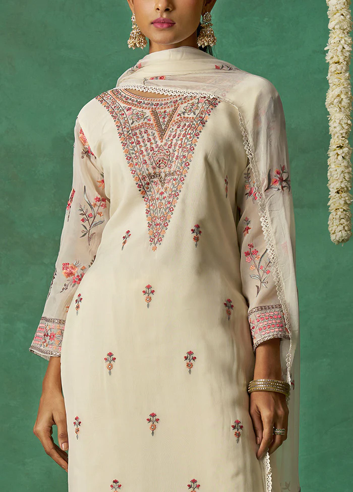 3 Pc Off White Semi Stitched Silk Suit Set - Image 3