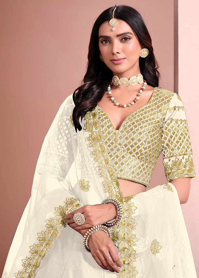 3 Pc Off White Silk Semi Stitched Lehenga Set - Image 2