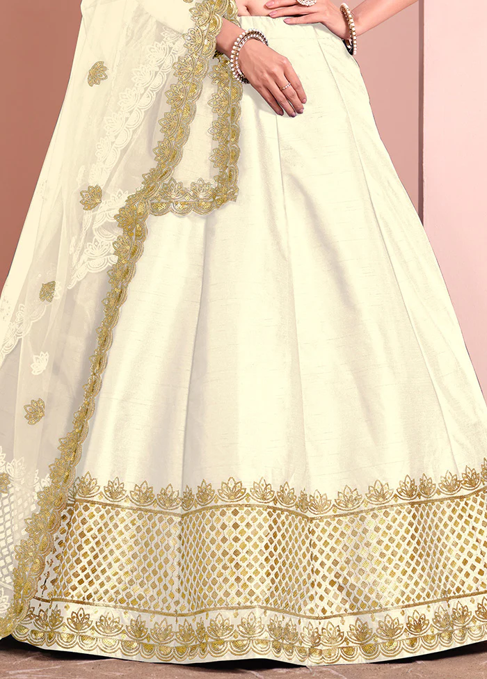 3 Pc Off White Silk Semi Stitched Lehenga Set - Image 3
