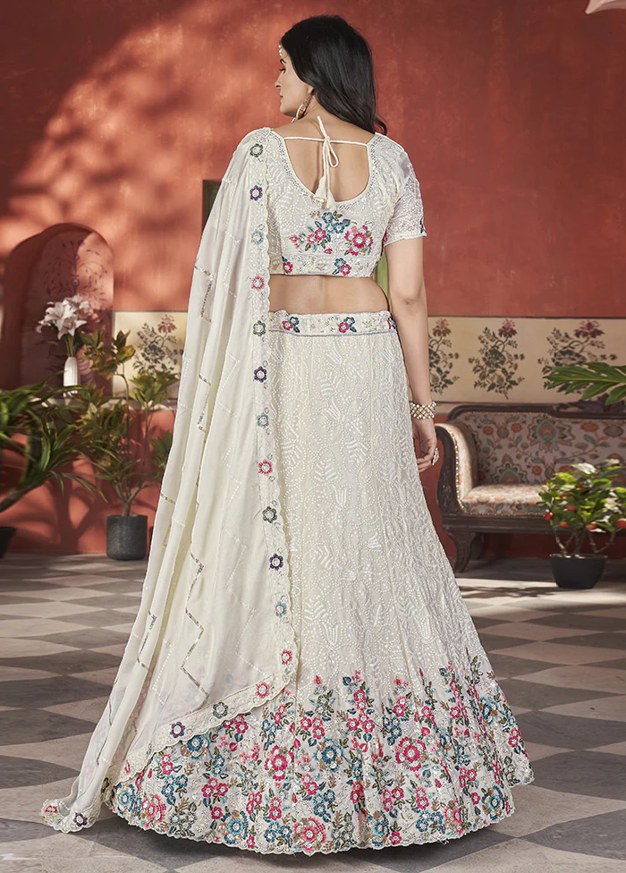 3 Pc Off White Silk Semi Stitched Lehenga Set - Image 2