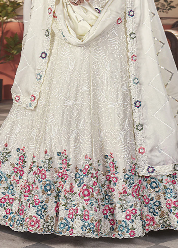 3 Pc Off White Silk Semi Stitched Lehenga Set - Image 3