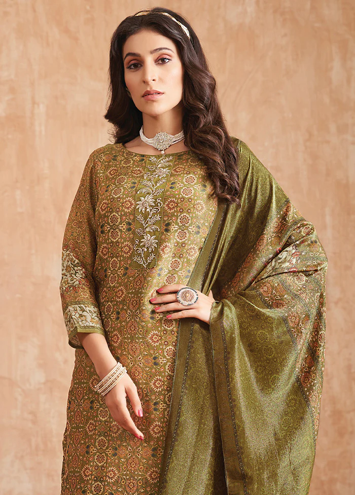3 Pc Olive Green Unstitched Pure Silk Suit Set - Image 2
