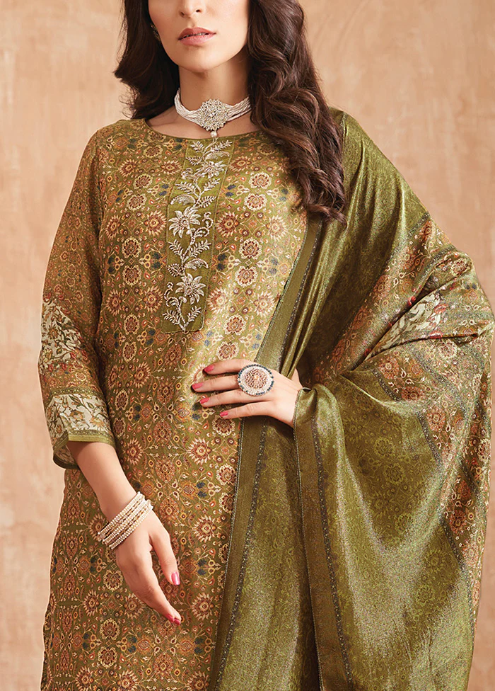 3 Pc Olive Green Unstitched Pure Silk Suit Set - Image 3