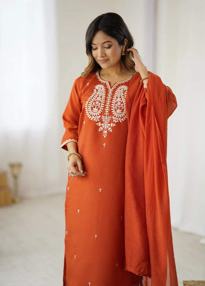 3 Pc Orange Cotton Suit Set - Image 2