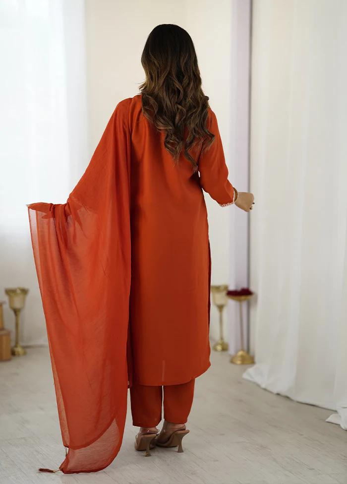 3 Pc Orange Cotton Suit Set - Image 3