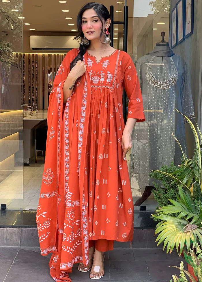 3 Pc Orange Cotton Suit Set