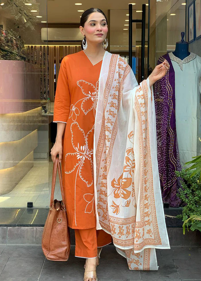 3 Pc Orange Cotton Suit Set