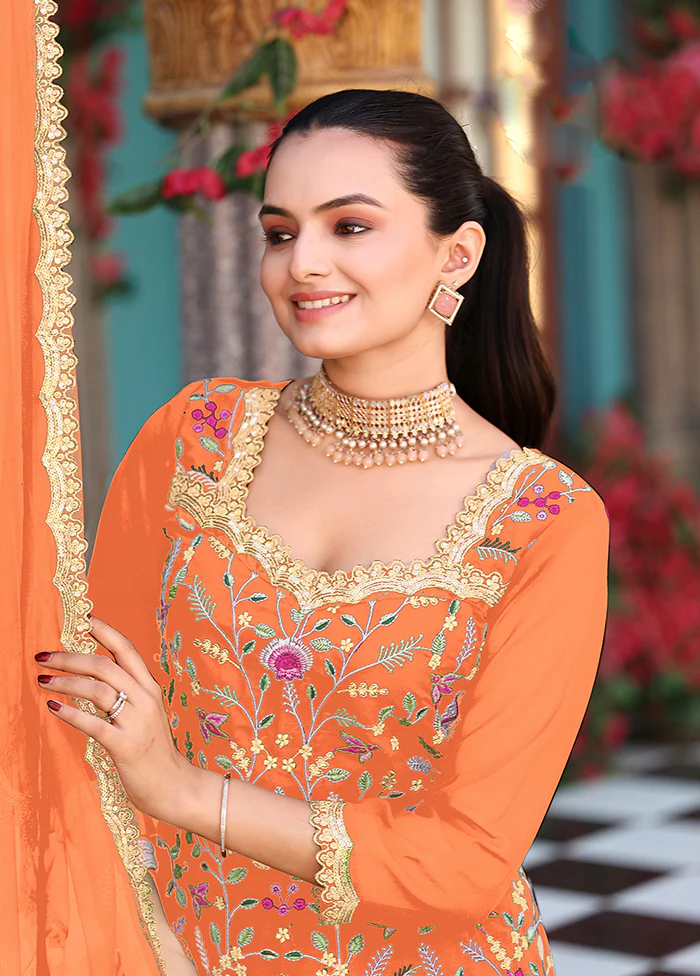 3 Pc Orange Georgette Plazzo Skirt Suit Set - Image 2