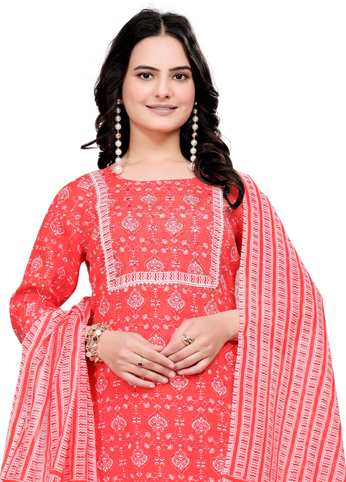 3 Pc Orange Readymade Cotton Dupatta Suit Set - Image 2