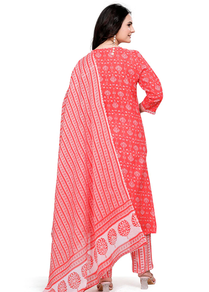 3 Pc Orange Readymade Cotton Dupatta Suit Set - Image 3
