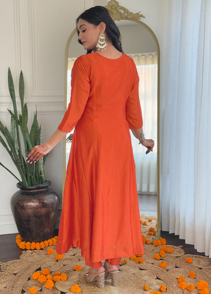 3 Pc Orange Readymade Silk Suit Set - Image 2