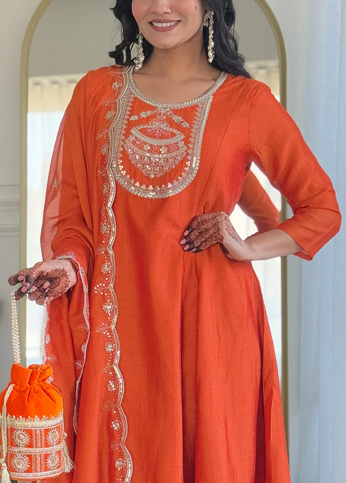3 Pc Orange Readymade Silk Suit Set - Image 3