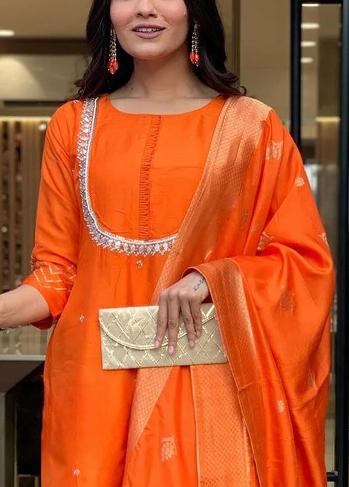 3 Pc Orange Readymade Viscose Dupatta Suit Set - Image 3