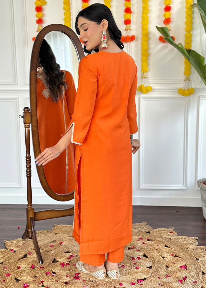 3 Pc Orange Readymade Viscose Dupatta Suit Set - Image 2