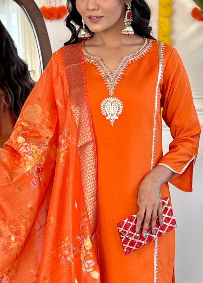 3 Pc Orange Readymade Viscose Dupatta Suit Set - Image 3