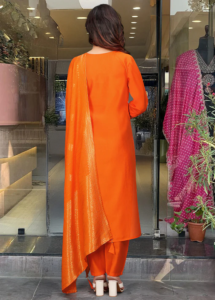 3 Pc Orange Readymade Viscose Dupatta Suit Set - Image 2