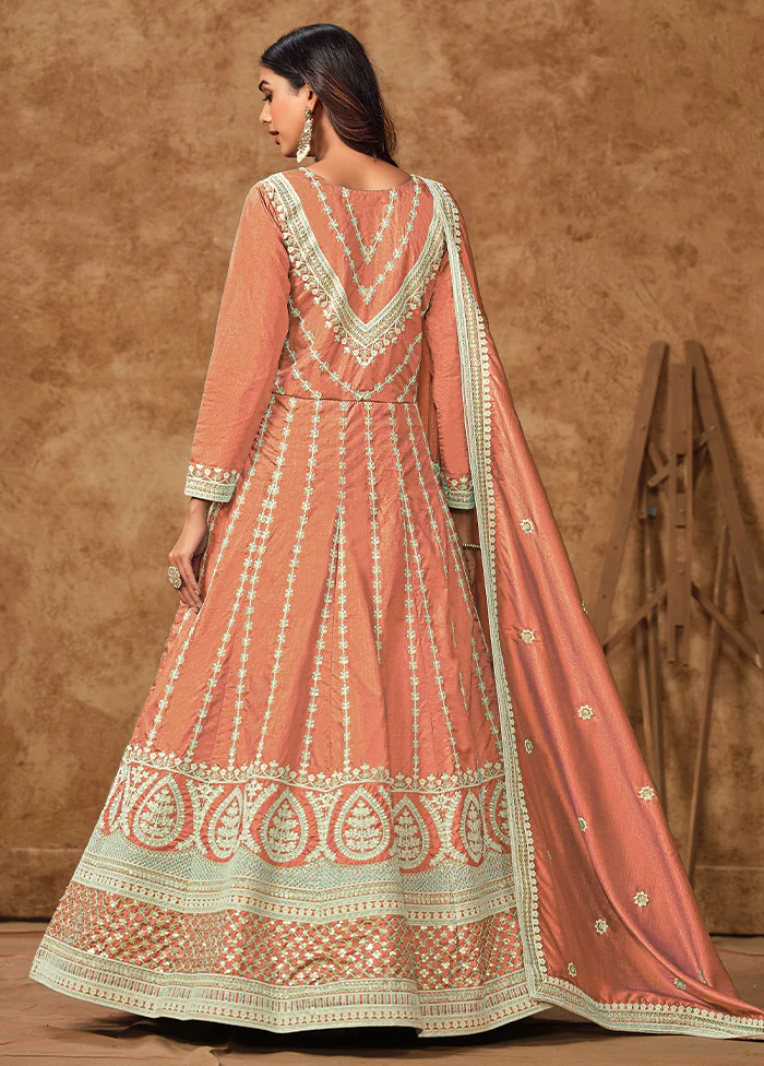 3 Pc Orange Semi Stitched Silk Suit Set - Image 2