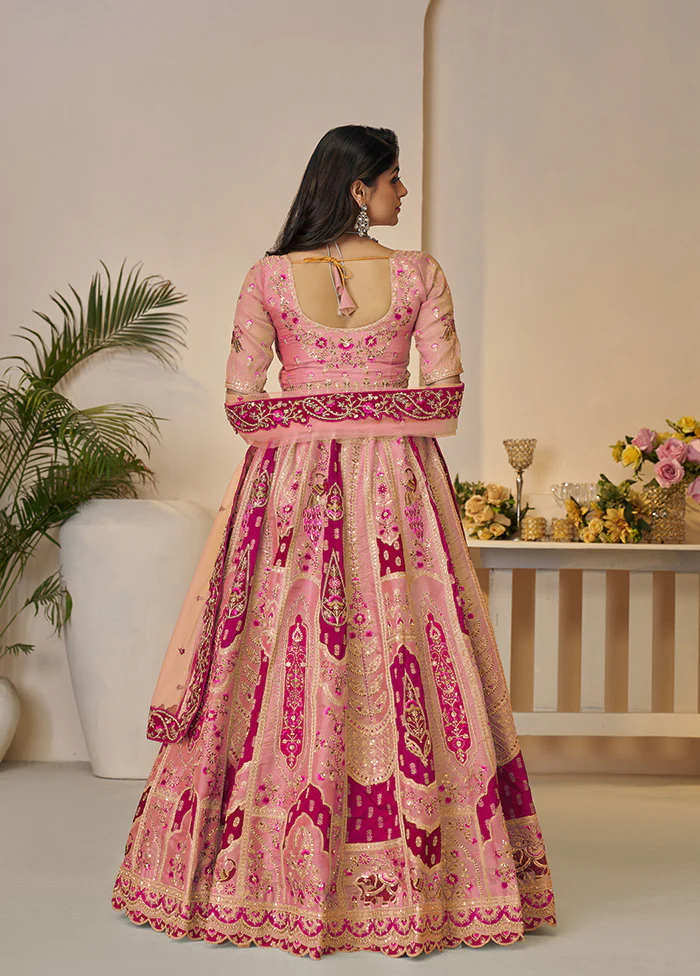 3 Pc Orange Silk Semi Stitched Lehenga Set - Image 3