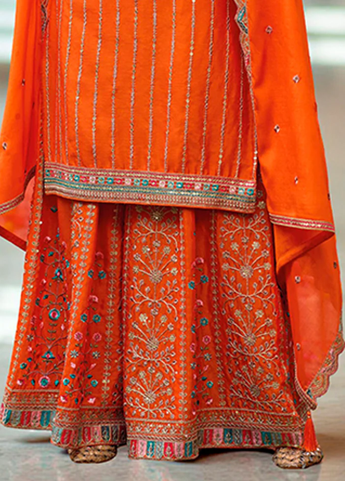 3 Pc Orange Silk Plazzo Suits Set - Image 3