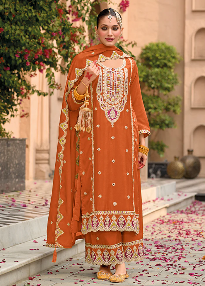 3 Pc Orange Silk Sharara Suit Set