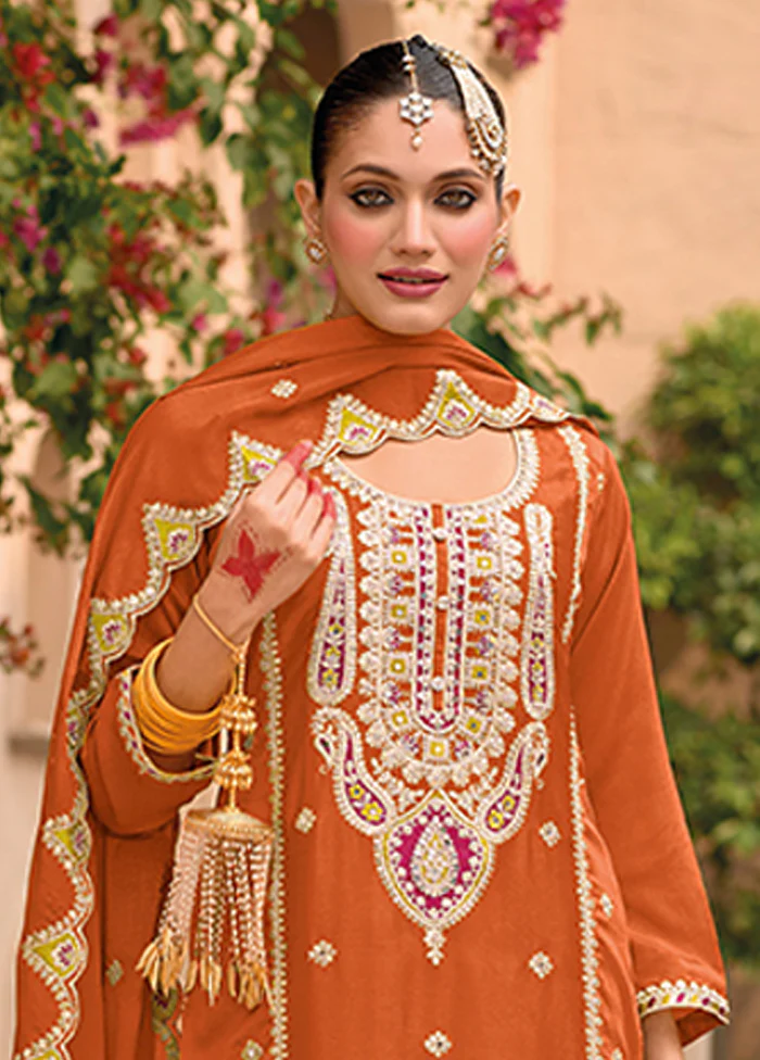 3 Pc Orange Silk Sharara Suit Set - Image 2
