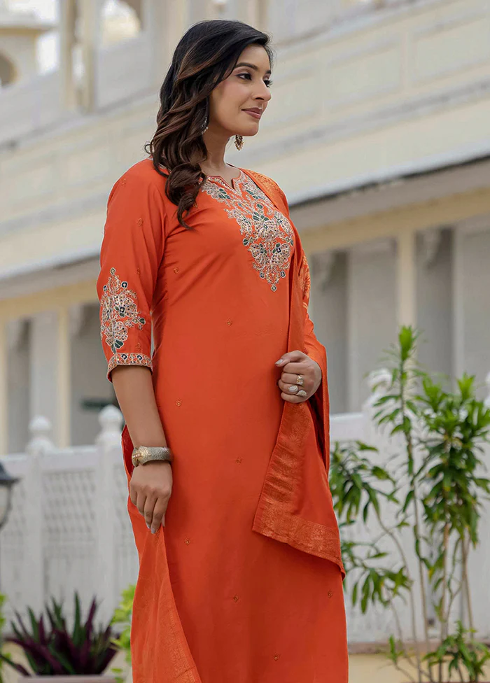 3 Pc Orange Silk Suit Set - Image 3