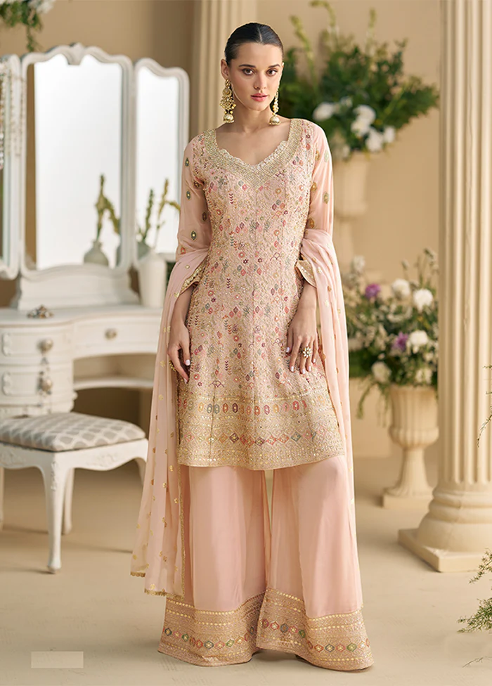 3 Pc Peach Georgette Palazzo Suit Set