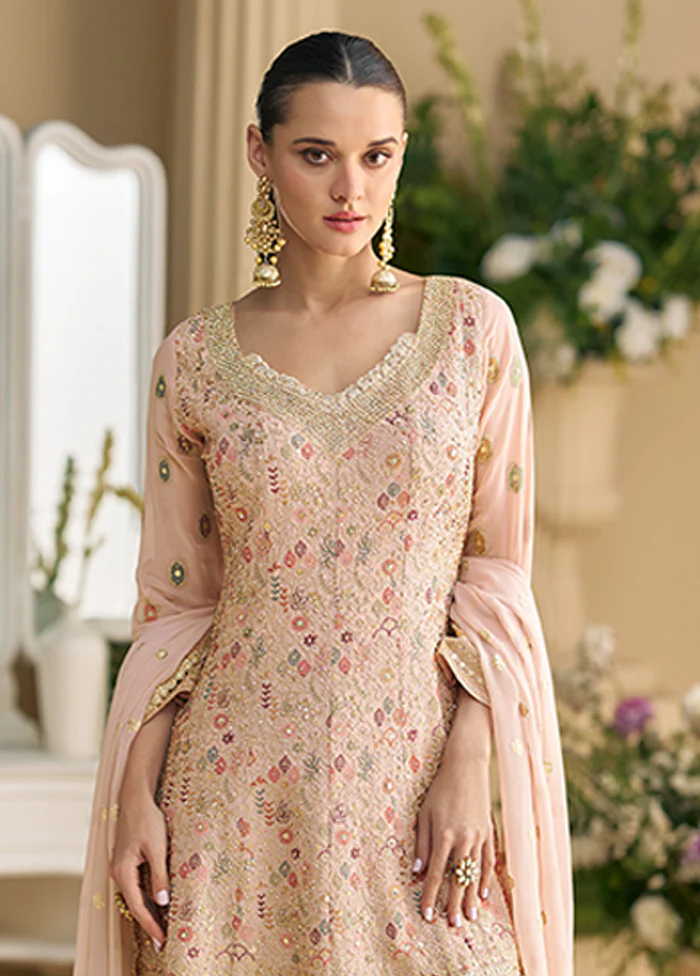 3 Pc Peach Georgette Palazzo Suit Set - Image 2