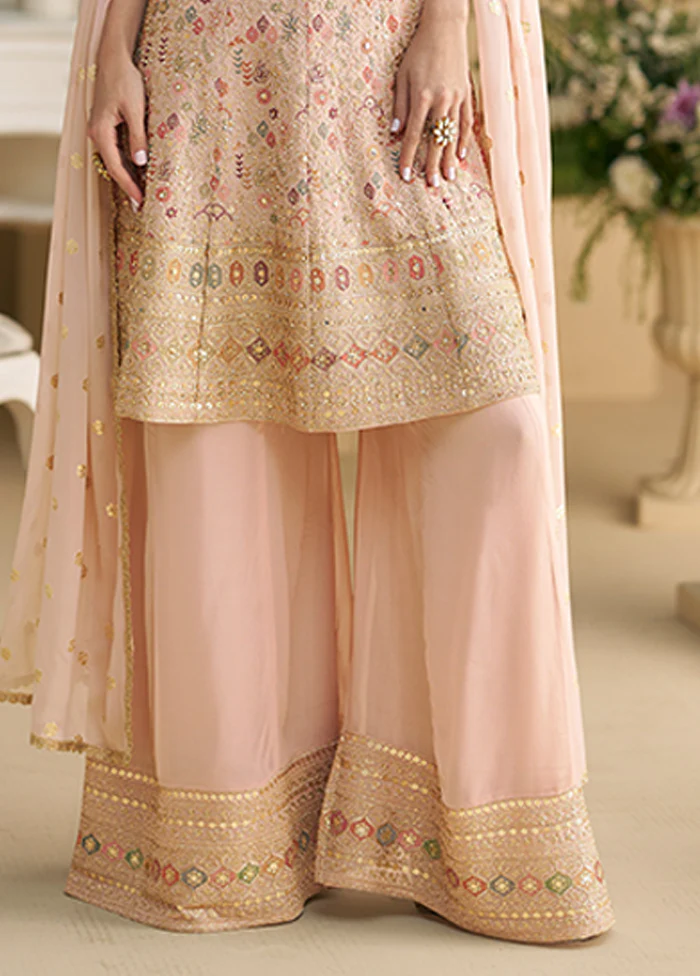 3 Pc Peach Georgette Palazzo Suit Set - Image 3