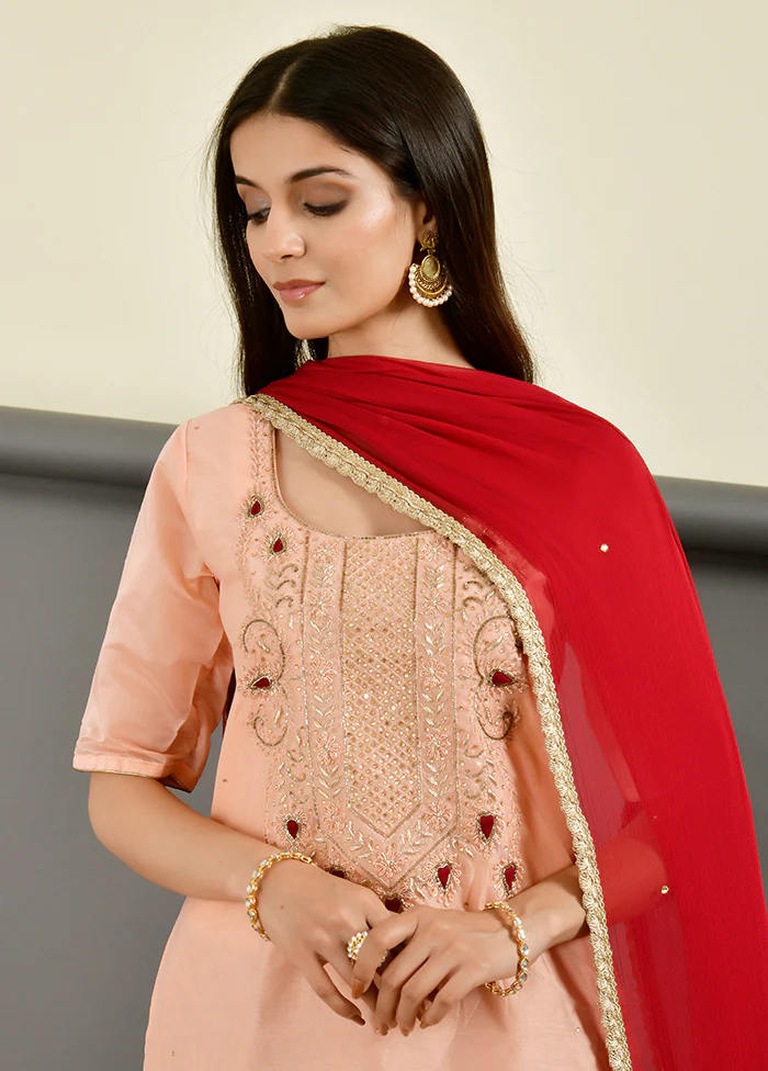 3 Pc Peach Gota Pati Work Chanderi Suit Set With Dupatta - Image 3