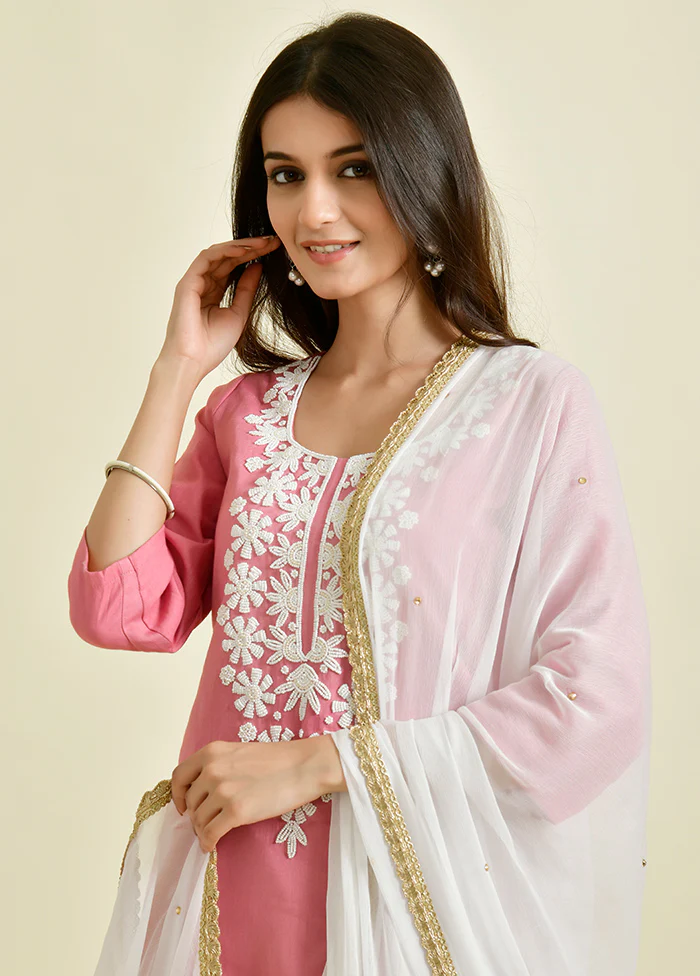 3 Pc Peach Pearl Work Cotton Suit Set With Dupatta - Image 3