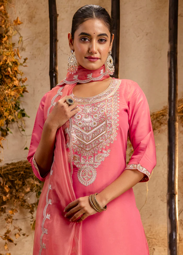 3 Pc Peach Readymade Silk Dupatta Suit Set - Image 2