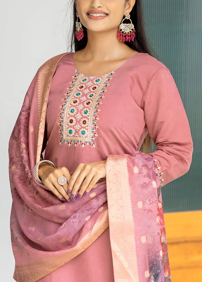 3 Pc Peach Readymade Silk Suit Set - Image 3