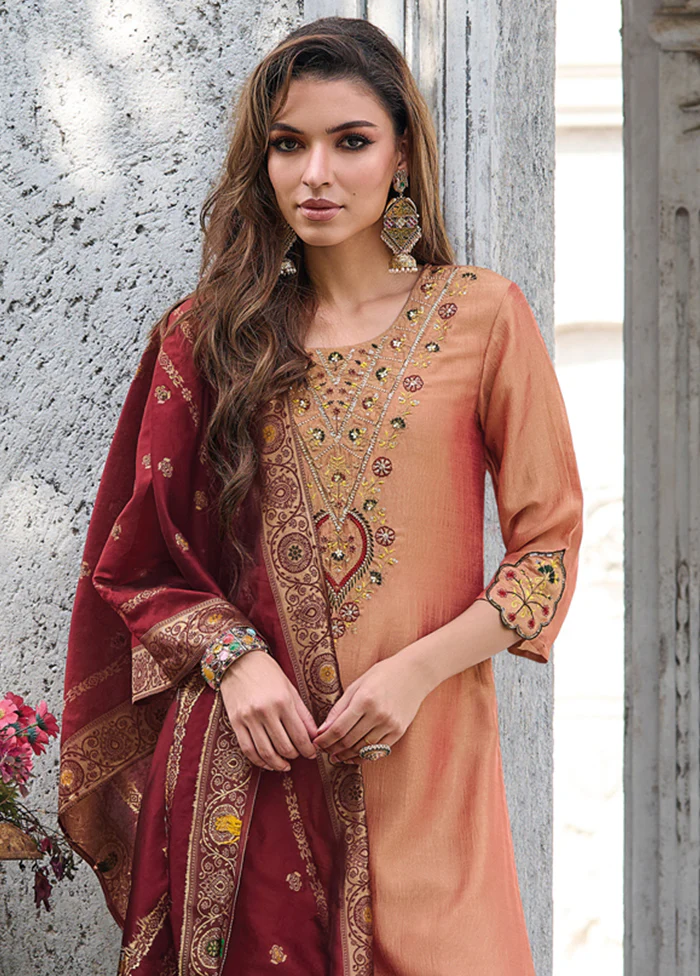 3 Pc Peach Readymade Viscose Dupatta Suit Set - Image 2