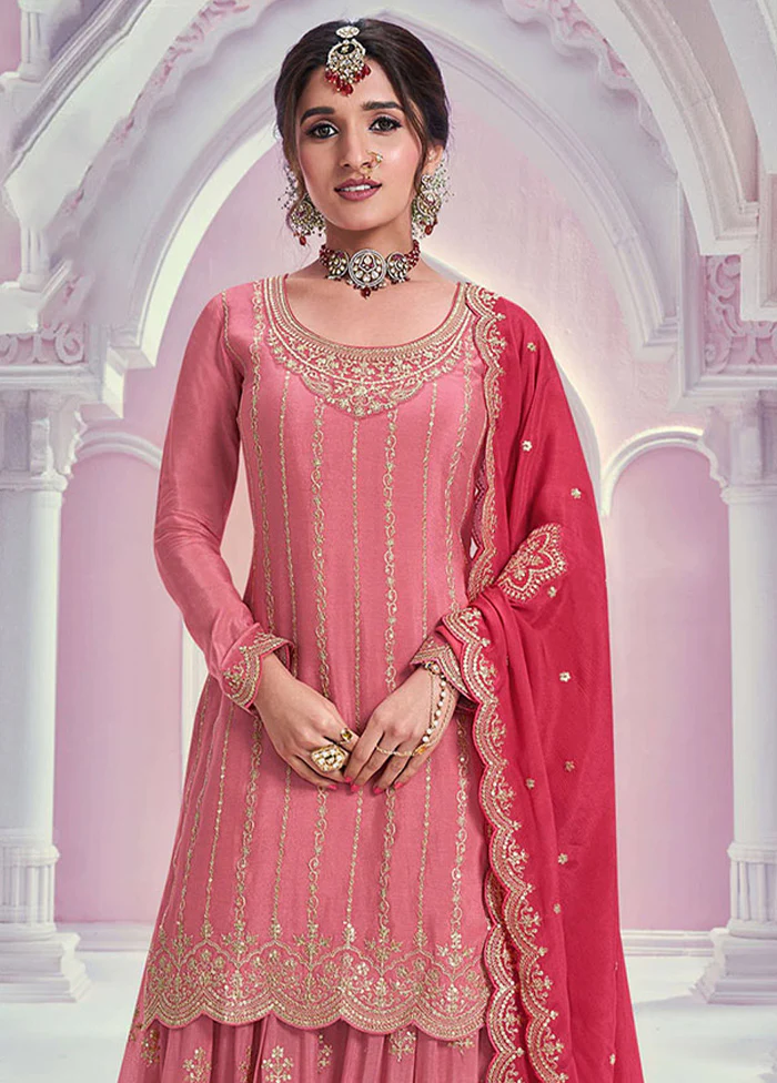 3 Pc Peach Semi Stitched Silk Dupatta Suit Set - Image 2