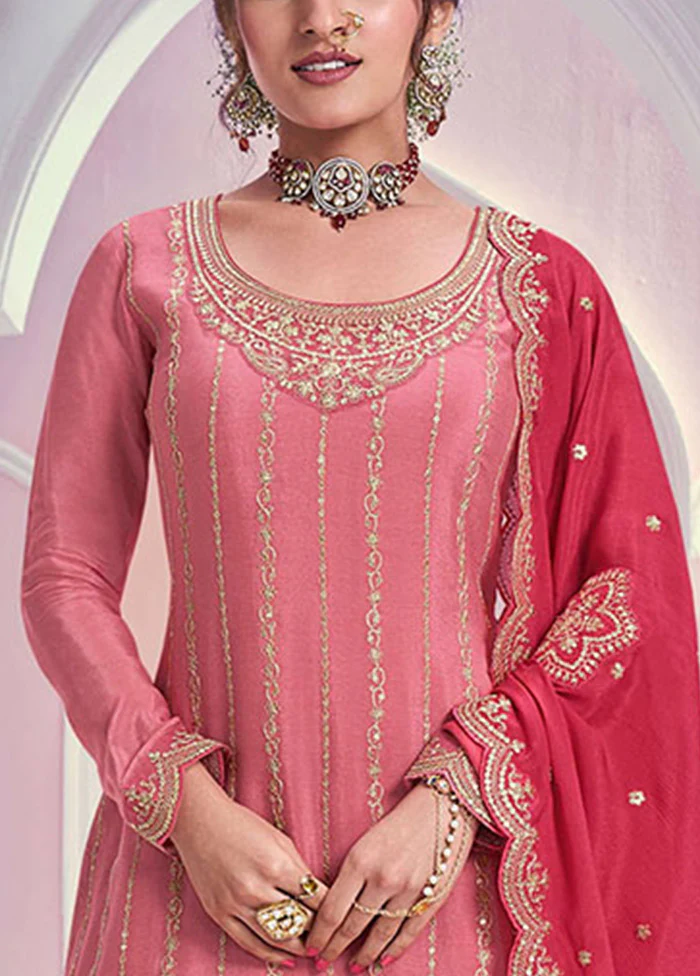 3 Pc Peach Semi Stitched Silk Dupatta Suit Set - Image 3