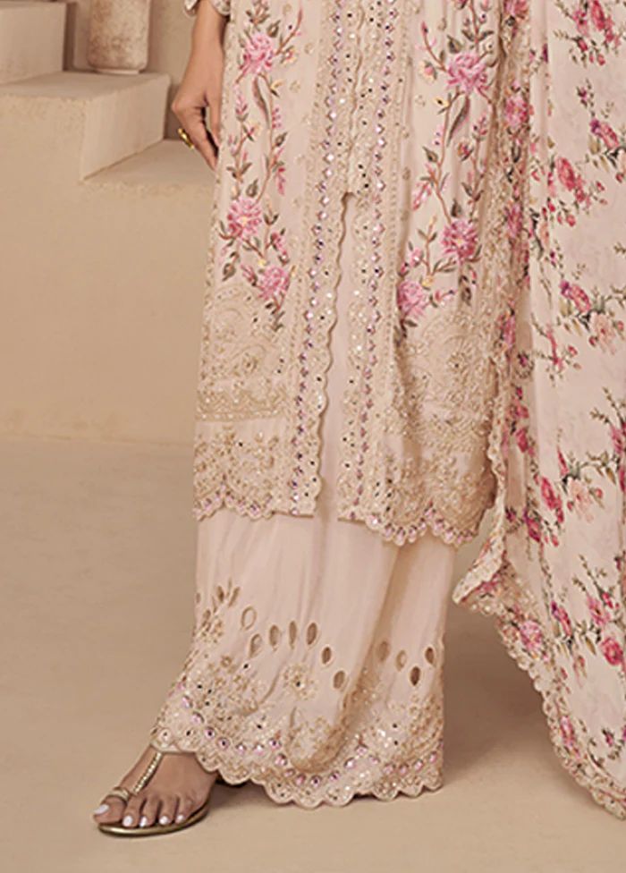 3 Pc Peach Silk Plazzo Suits Set - Image 3