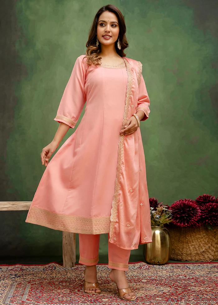 3 Pc Peach Silk Suit Set
